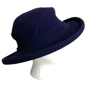 Parkhurst Wool Cloche Hat Navy Blue Wide Brim Womens OS Elegant Winter Dressy